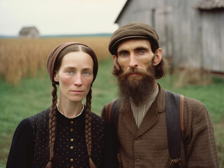 Wall Mural - portrait of an amish couple in traditional american peasant-style clothing, man with long beard - generative ai