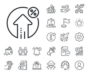 Discount sign. Salaryman, gender equality and alert bell outline icons. Loan percent growth line icon. Credit percentage symbol. Loan percent line sign. Spy or profile placeholder icon. Vector