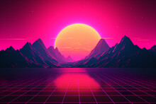 Neon Retrowave Or Synthwave Background With Grid And Sun. Generative Ai