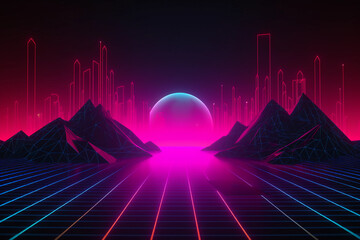 Neon retrowave or synthwave background with grid and sun. generative ai