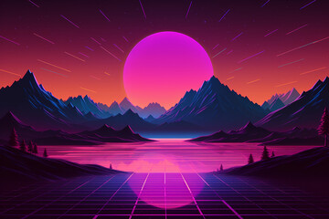 Wall Mural - Neon retrowave or synthwave background with grid and sun. generative ai