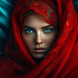 beautiful and mysterious woman with bright blue eyes in a red oriental chador, fictional person created with generative ai