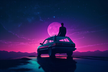 Wall Mural - Neon retrowave or synthwave background with grid and sun and a man sitting on top of a car lookin to the horizon. generative ai.