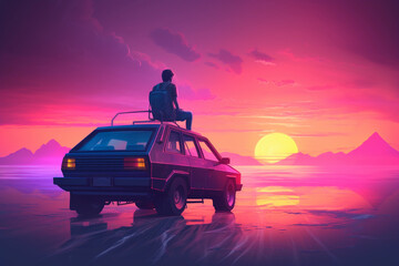 Canvas Print - Neon retrowave or synthwave background with grid and sun and a man sitting on top of a car lookin to the horizon. generative ai.