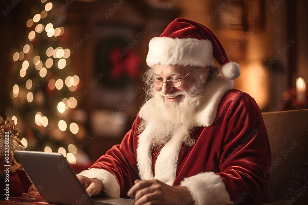 Santa Using Technology Image smiling santa claus writes a message in a laptop technologies ...