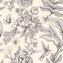 Seamless Monochrome Pattern With Flowers. Nature Background. Background With Sketch Flowers And Butterflies. Retro Floral Wallpaper