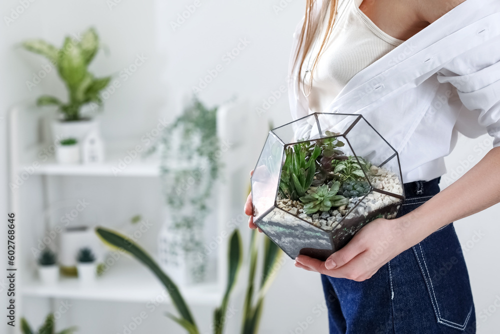 Woman with florarium at home, closeup