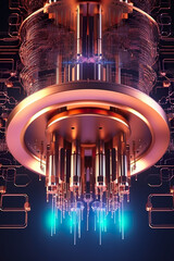 quantum computer close up, futuristic technology, generative ai. glowing copper parts, futuristic te