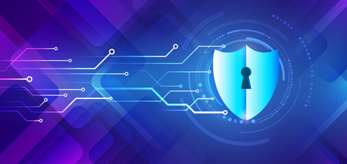 Fototapete - Data security system, information, or network protection. Cyber security and data protection. Shield icon, future technology for verification. Abstract high-tech background.