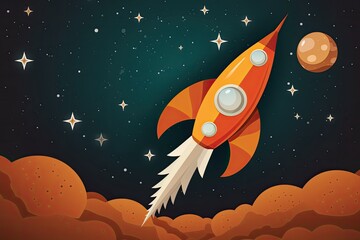 Sticker - cartoon rocket ship soaring through space with stars in the background Generative AI