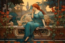 Art Nouveau Print Of A Young Woman Sitting On A Bench In The Garden. Generative AI