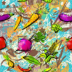  Vegetables abstract seamless background with colored watercolor blots and spots. Vector illustration