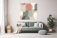 Modern Mid Century Interior With Blush Pink And Sage Green Wall Art In Textured Abstract Style. Cozy Furniture. Mint Color Sofa And White Wall. Generative AI.