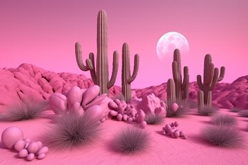 Poster - desert landscape with cacti under a full moon Generative AI