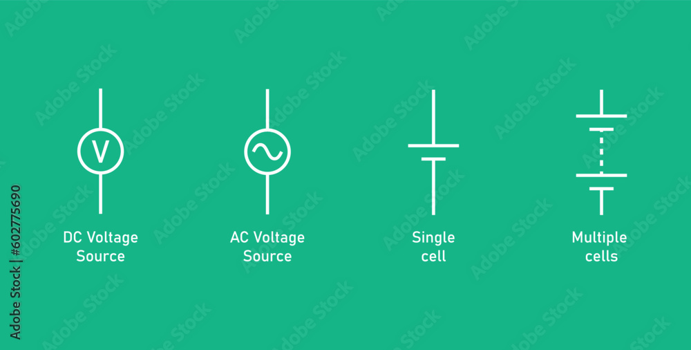 Direct current (DC) and alternating current (AC) voltage source. Single cell and multiple cell symbol. Vector illustration isolated on chalkboard.