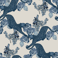 Wall Mural - Leopard with flowers and leaves in vintage style, seamless pattern.	