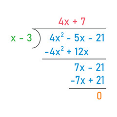Dividing polynomial expressions in mathematics. Long division of polynomials. Math resources for teachers. Division, quotient, dividend and remainder.
