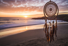 Boho Dream Catchers Hanging On Beach At Sunset. Generative AI