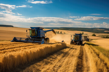 Two combine harvesters in a wheat field. Generative AI.