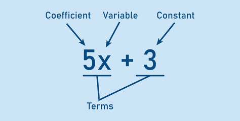 Canvas Print - Algebraic expressions parts in mathematics. Coefficient, variable, constant and terms. Parts of an expression. Math resources for teachers.