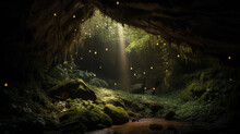 An Enchanted Cave Illuminated By The Soft Glow Of Fireflies Generative AI