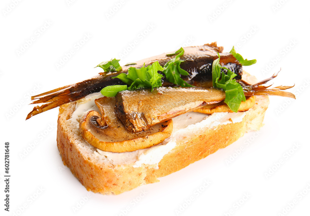 Tasty sandwich with canned smoked sprats on white background