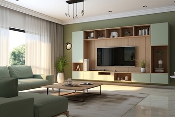 Canvas Print - modern living room with stylish furniture and a large flat screen tv Generative AI