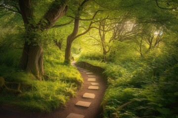 Canvas Print - serene path surrounded by lush greenery in a forest Generative AI