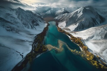 Wall Mural - a bird's-eye view of a lake in the middle of a mountain range Generative AI