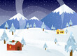 © Irina - Winter landscape. Village houses against the backdrop of mountains, snow, trees. Snow day. Smoke from the chimney. Flat vector illustration. For covers, advertising flyers, design and decor, packaging