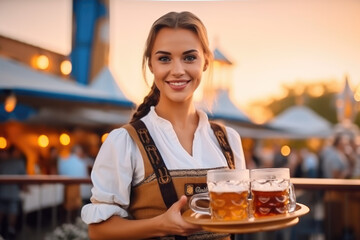 Wall Mural - Oktoberfest Tradition. Waitress wearing traditional clothes and holding beers at the festival. Sunset. German culture and celebration concept. AI Generative