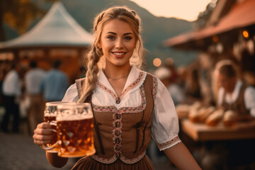 Wall Mural - Oktoberfest Tradition. Waitress wearing traditional clothes and holding beers at the festival. Sunset. German culture and celebration concept. AI Generative