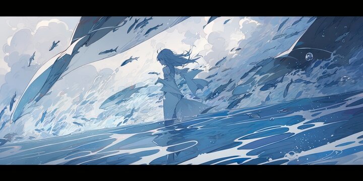 Wall Mural -  - Girl standing in the sea blue Anime atmosphere, fantastic cloudy distant view Abstract, Elegant and Modern AI-generated illustration