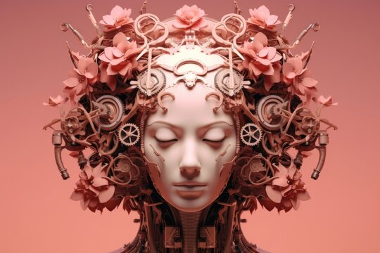 Image of a robot woman head with gears and machinery. Generative AI