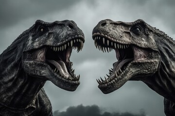 two roaring dinosaurs against a dramatic cloudy sky generative ai