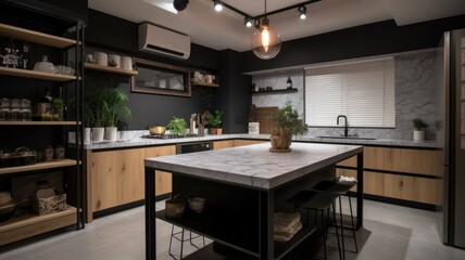 Interior design of Kitchen in Minimalist style with Kitchen Island decorated with Marble, Concrete, Stainless steel, Oak material. Industrial architecture. Generative AI AIG24.