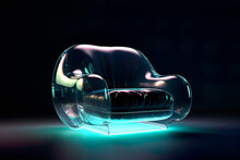 Generative AI Illustration Of Transparent Shiny Crystal Air Armchair Placed On Illuminated Surface Against Black Background