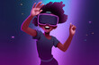 © ADDICTIVE STOCK - AI generated illustration of excited African American cartoon character in VR goggles raising arms with opened mouth on purple background
