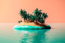 Generative AI Illustration Of Tropical Exotic Island With Green Palms Growing On Sandy Ground Located Among Turquoise Sea Against Pink Background