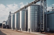 silver silos of granary elevator on agro-process, generative ai