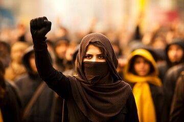 Wall Mural - Arab woman protesting at a social rally. AI generated, human enhanced