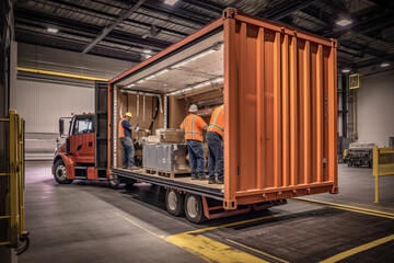 Wall Mural - workers loading a container onto a truck in a warehouse. Generative Ai