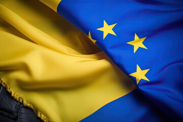 Wall Mural - The Ukraine and European flags are waving side by side, showing support for Ukraine's invasion and its EU membership. The Europeans stand in favor of Ukraine joining the EU. Generative AI