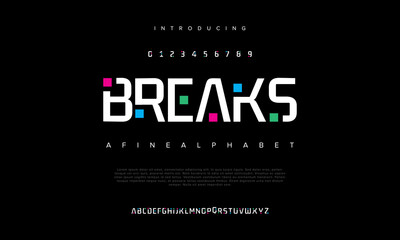 Wall Mural - Breaks abstract digital technology logo font alphabet. Minimal modern urban fonts for logo, brand etc. Typography typeface uppercase lowercase and number. vector illustration
