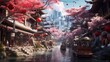 Wide angle establishing shot of ancient futuristic Asian city utopia during day illustration using generative AI