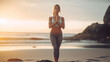 © MarianoMartin - woman practicing yoga on the beach. Image Generative AI.