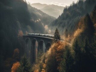  train on a bridge in the middle of junge and mountains. generative ai