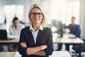 Business woman, arms crossed, portrait and smile at desk in office for paperwork, laptop or administration. Happy, confident female at table in startup company, defocused bokeh, flare