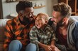 © Alan - male gay couplle family with a child smiling in the living room having a good time the three together sitting on the couch sofa, kid with two fathers, fathers day LGBT, generative AI