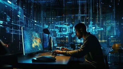 Young entrepreneur man working on his laptop at a table in a modern office space, cyber space big data concept, using information